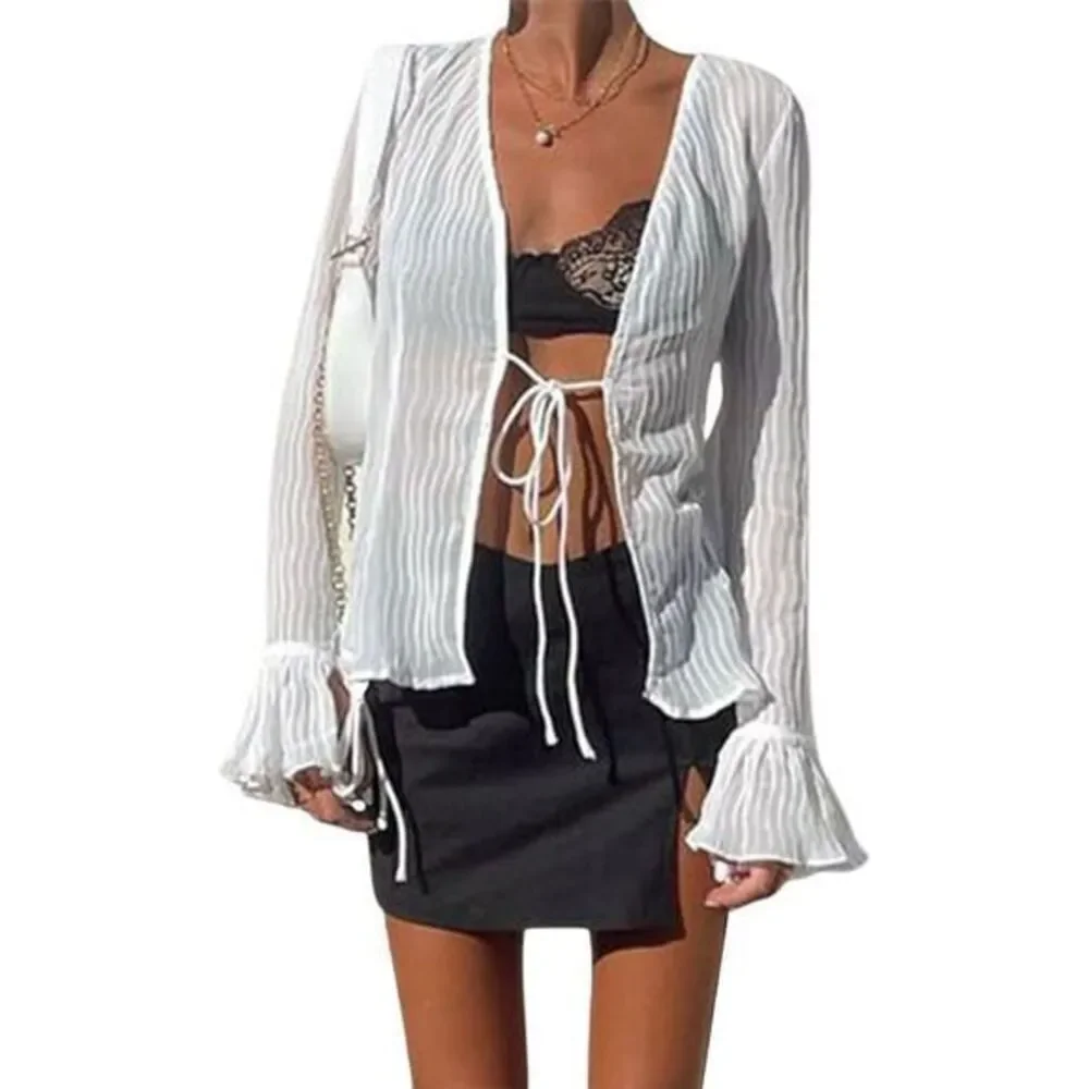 Commense  Long Sleeve Top‎ Sheer White Aesthetic Size Small - Picture 8 of 9